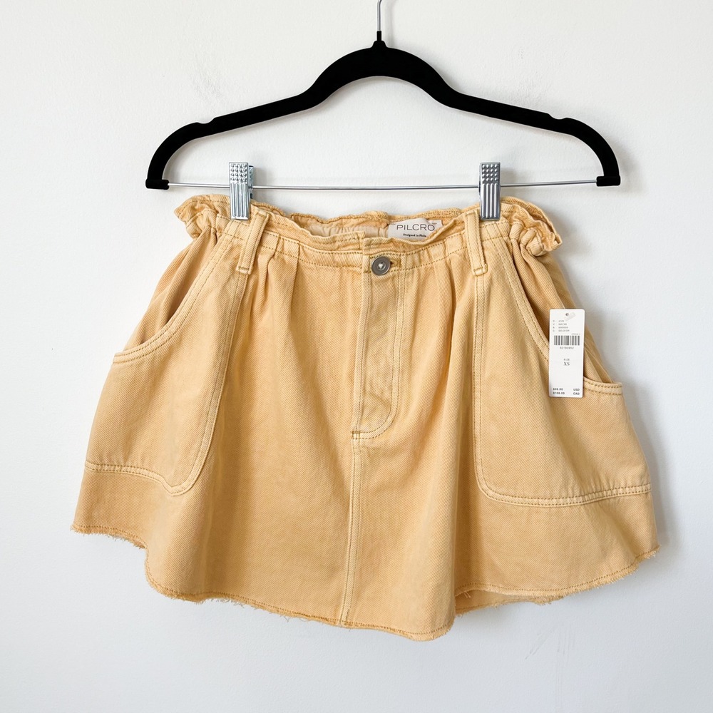 NEW Anthropologie Pilcro Reworked Denim Skater Mini Skirt Yellow Womens XS